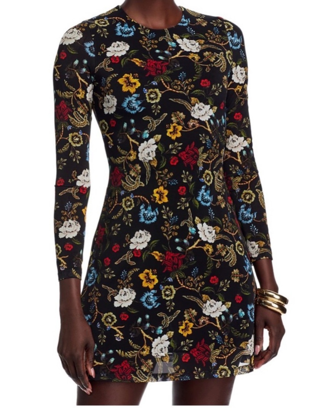 Alice + Olivia Black Long-Sleeve Floral A-Line Dress